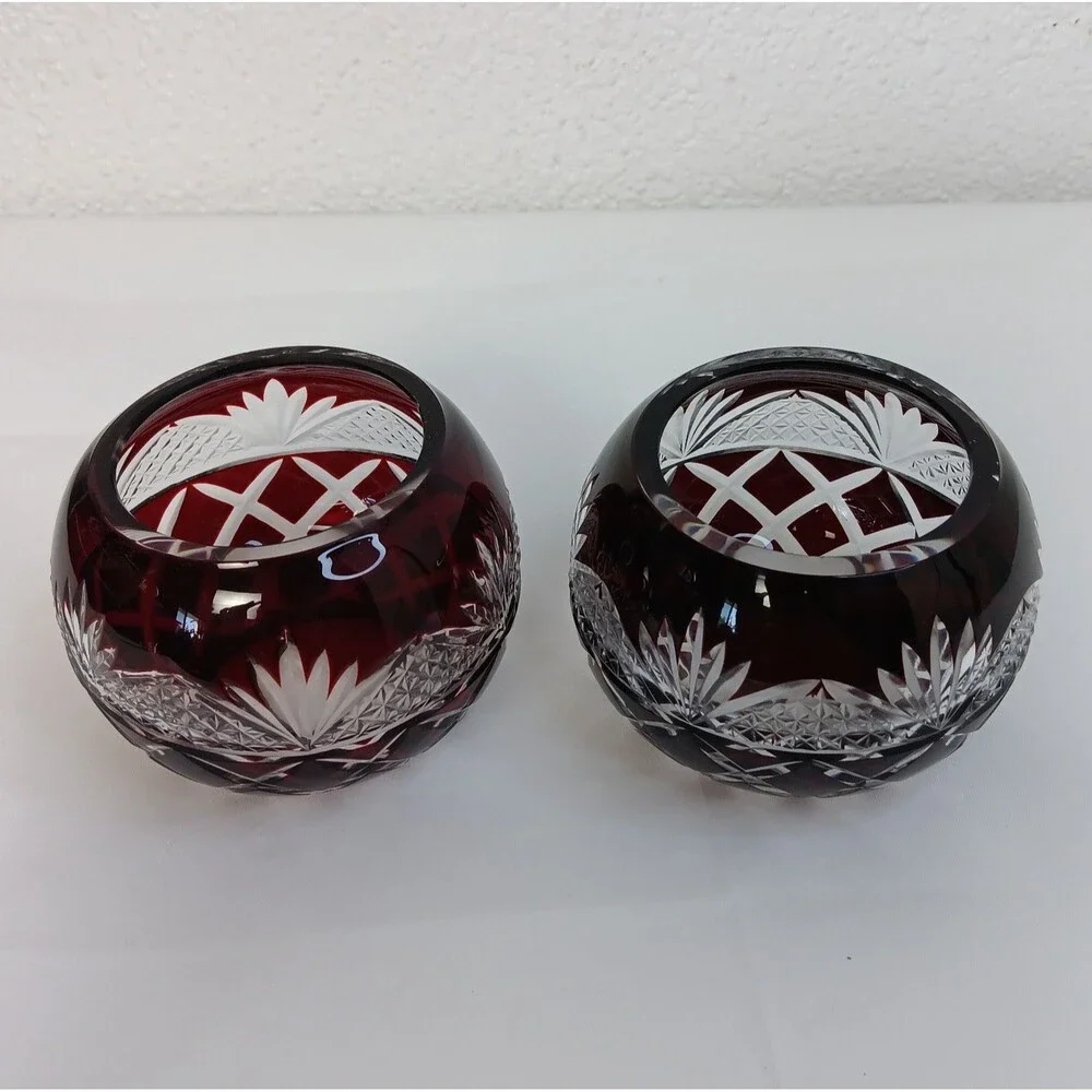 Crystal Ruby Red Cut To Clear Vase Bowl Candle Holder Cut Glass Bohemian READ